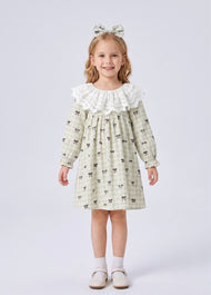 Girls Sweet Bowknot Dollar Collar Dress With Headband