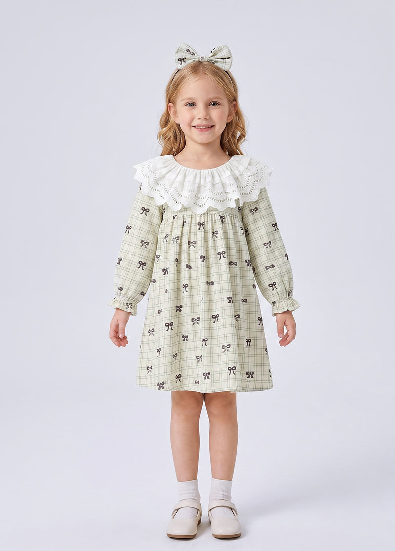 Girls Sweet Bowknot Dollar Collar Dress With Headband