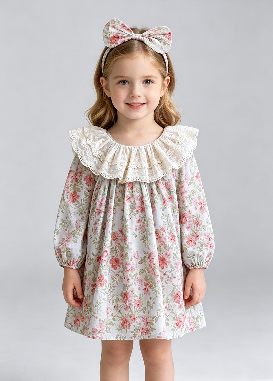 Girls Sweet Floral Dollar Collar Dress With Headband