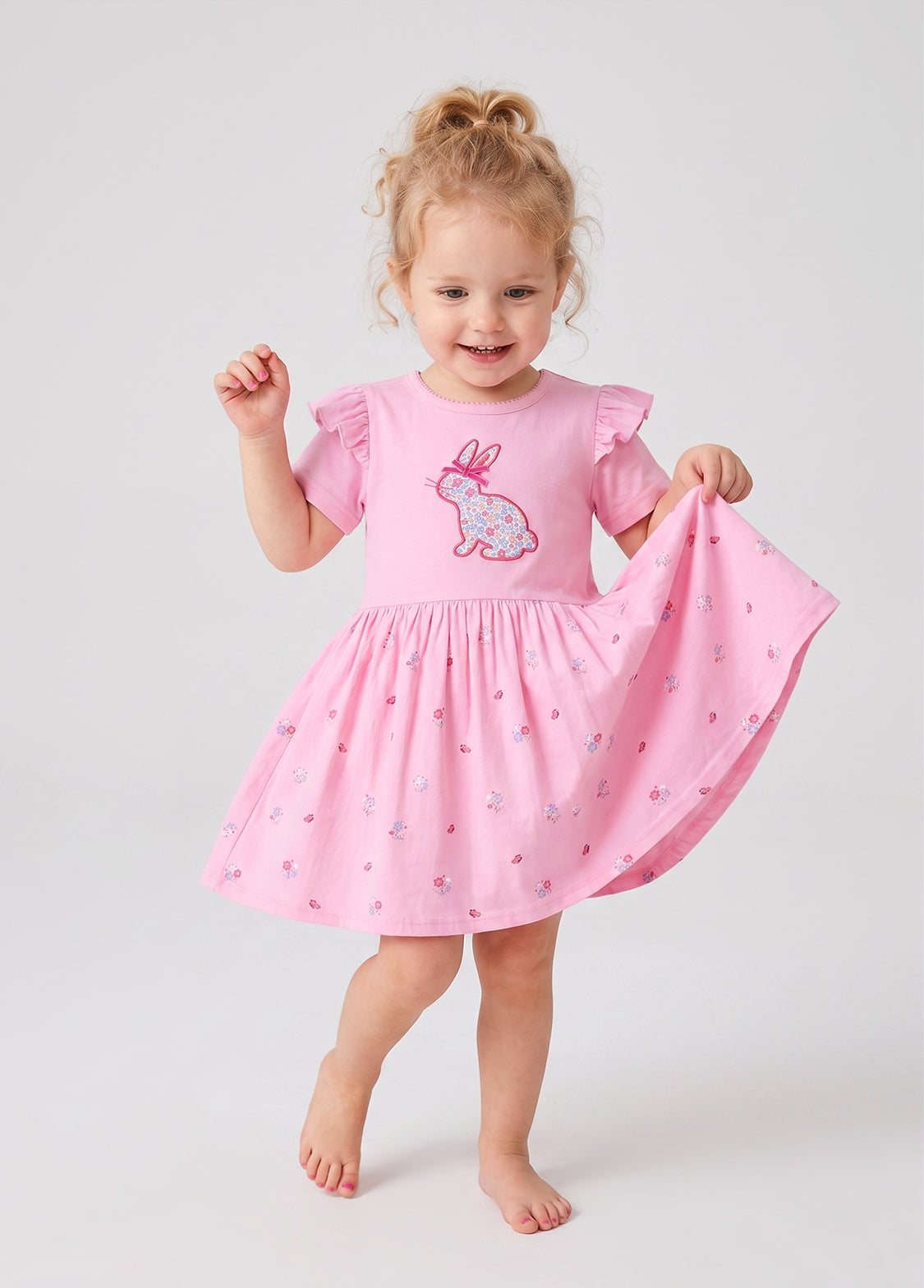 Girls Cotton Bunny Floral Short Sleeve Dress