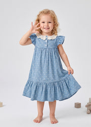 Girls Sweet Denim Bow Print Lace Dollar Collar Dress