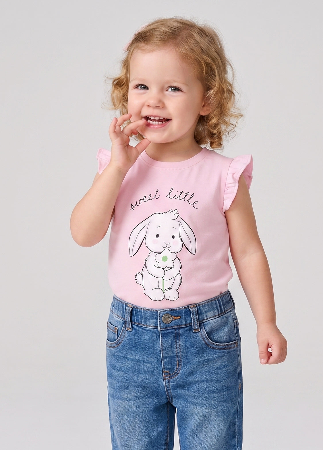 Girls Cotton Sweet Bunny Ruffle Sleeve T-Shirt