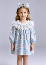 Girls Sweet Floral Dollar Collar Dress With Headband
