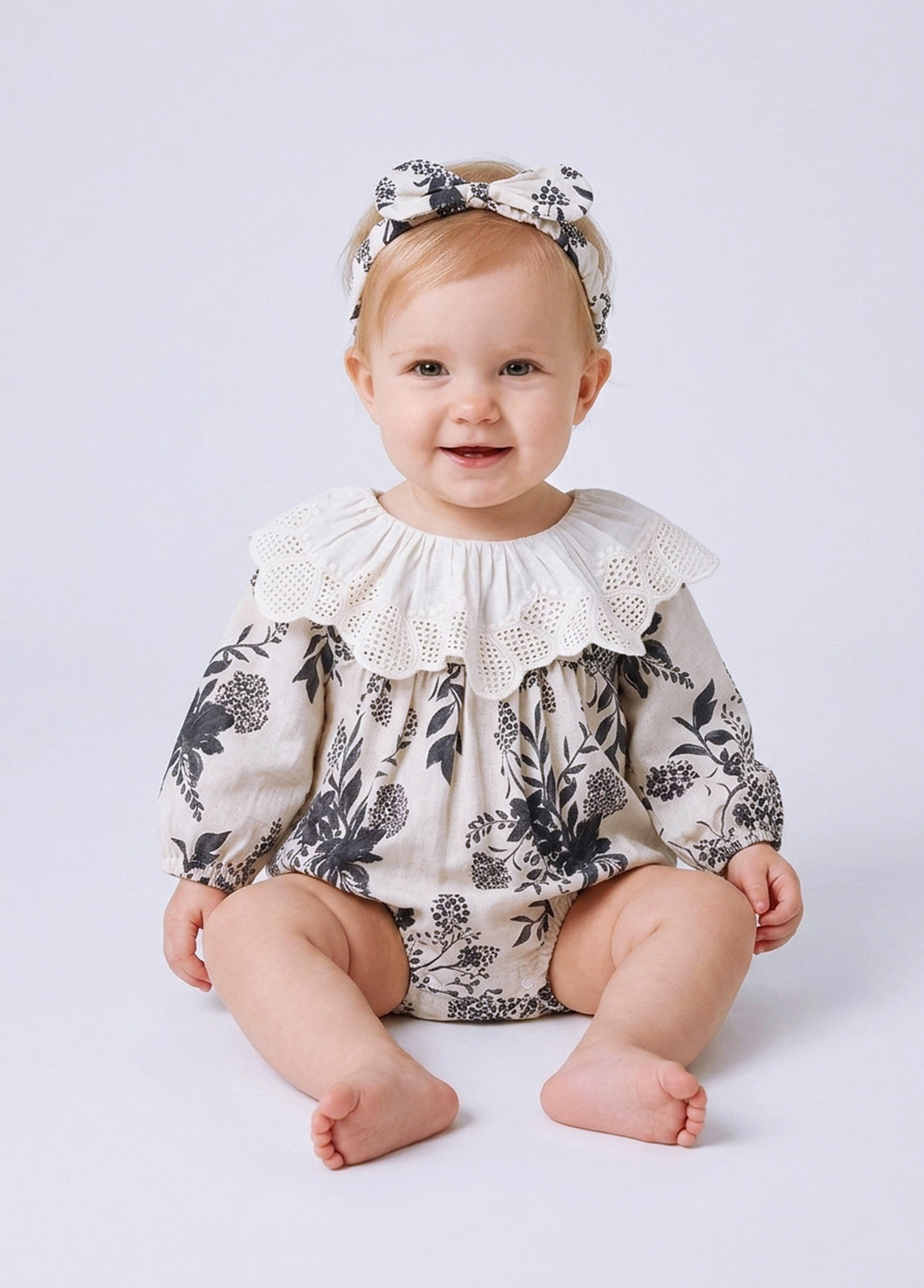 Baby Girls Retro Floral Dollar Collar Romper With Hairband