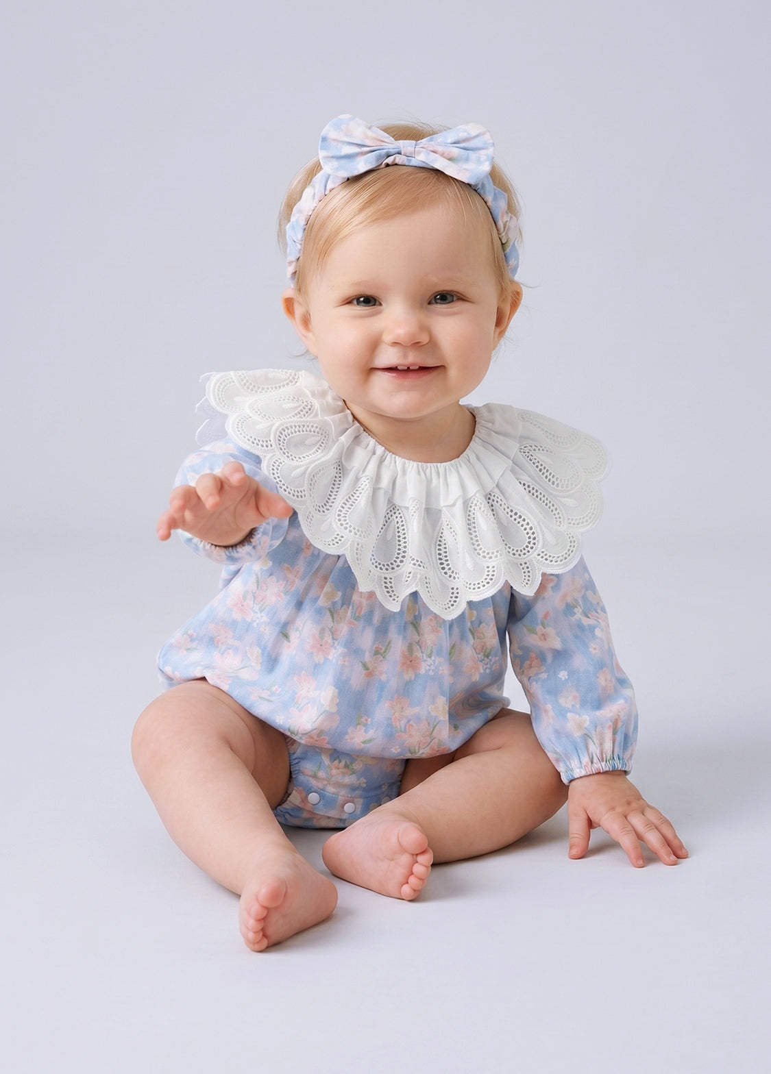 Baby Girls Retro Floral Dollar Collar Romper With Hairband