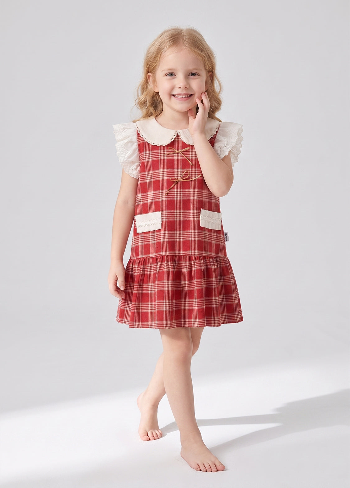 Girls Plaid Lace Trim Cotton Dress