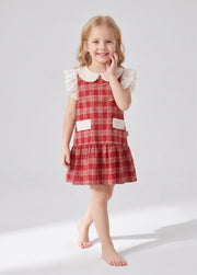 Girls Plaid Lace Trim Cotton Dress