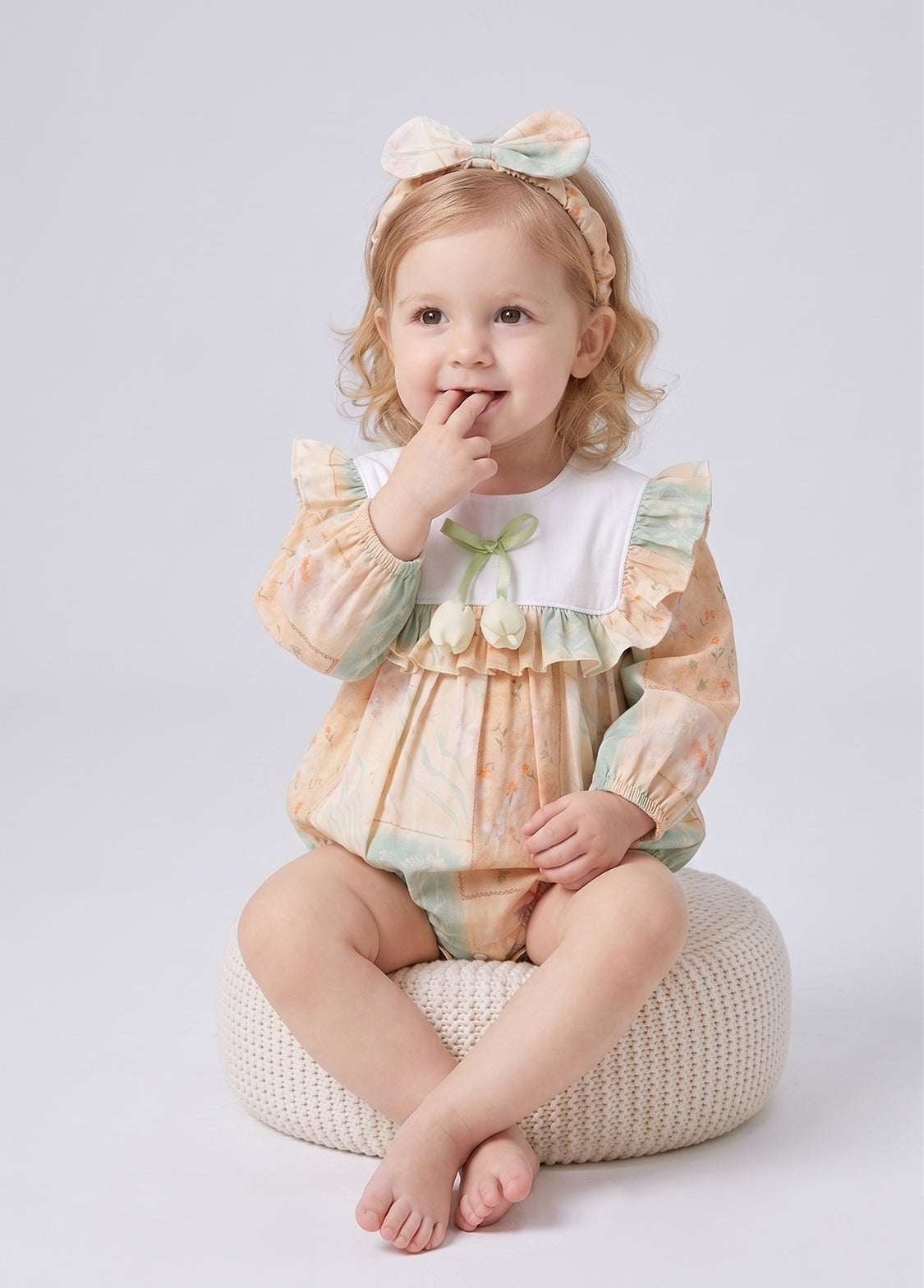 Baby Girls Retro Floral Ruffle Romper With Hairband