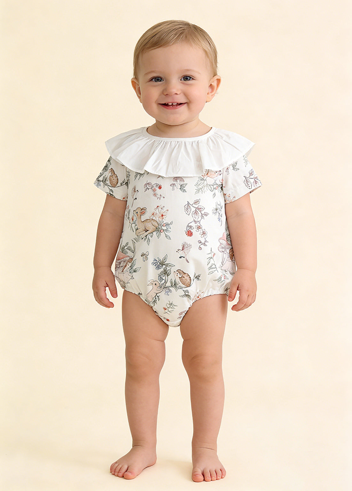 Baby Girl's Summer Short-Sleeve Bamboo Cotton Muslin Romper with Deer Print