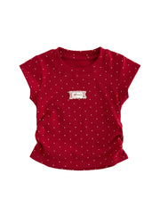 Girls Summer Polka Dot T-Shirt Kids Soft Cotton Short Sleeve Crewneck Top with Cute Patch Detail