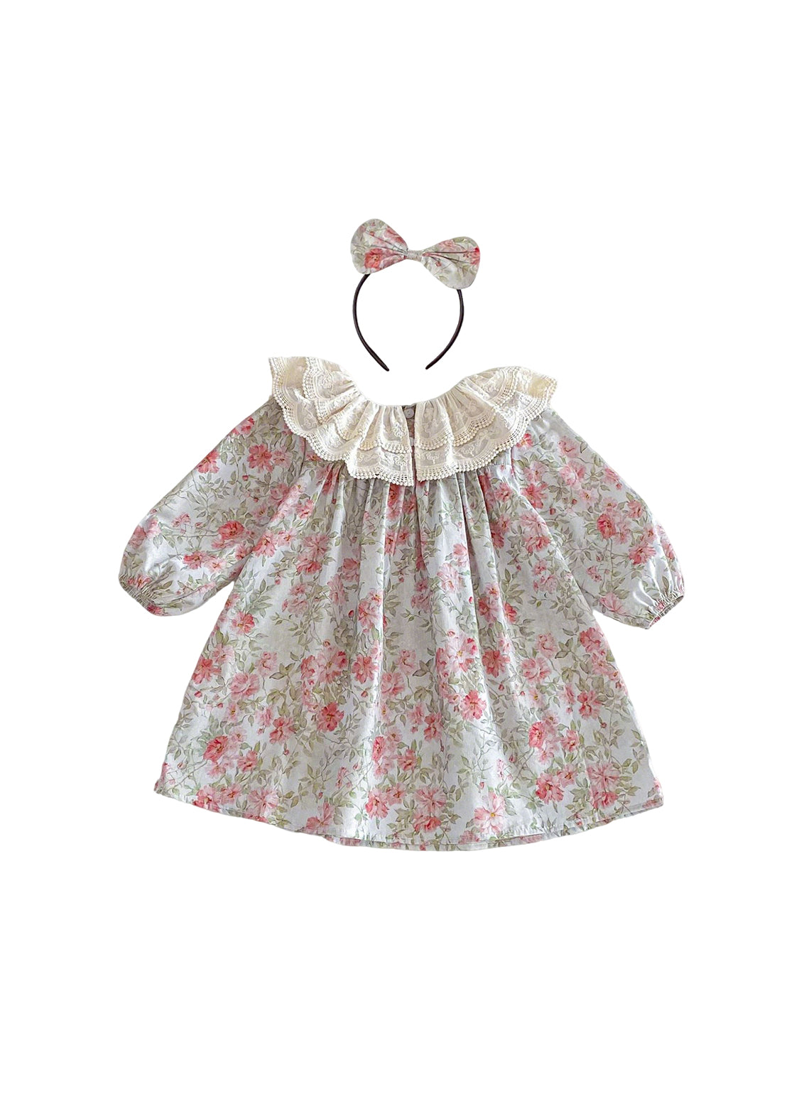 Girls Sweet Floral Dollar Collar Dress With Headband
