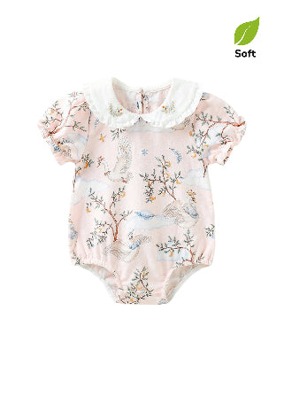 Baby Girl's Summer Antibacterial & Breathable Bamboo Fiber Short-Sleeve Romper with Swan Print