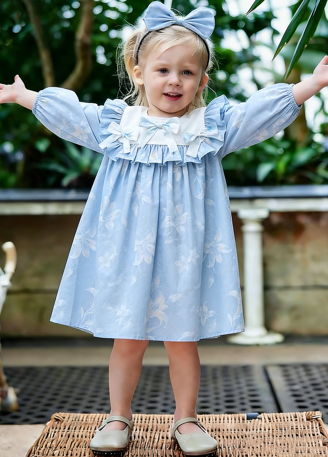 Girls Sweet Floral Ruffle Bowknot Dress With Headband