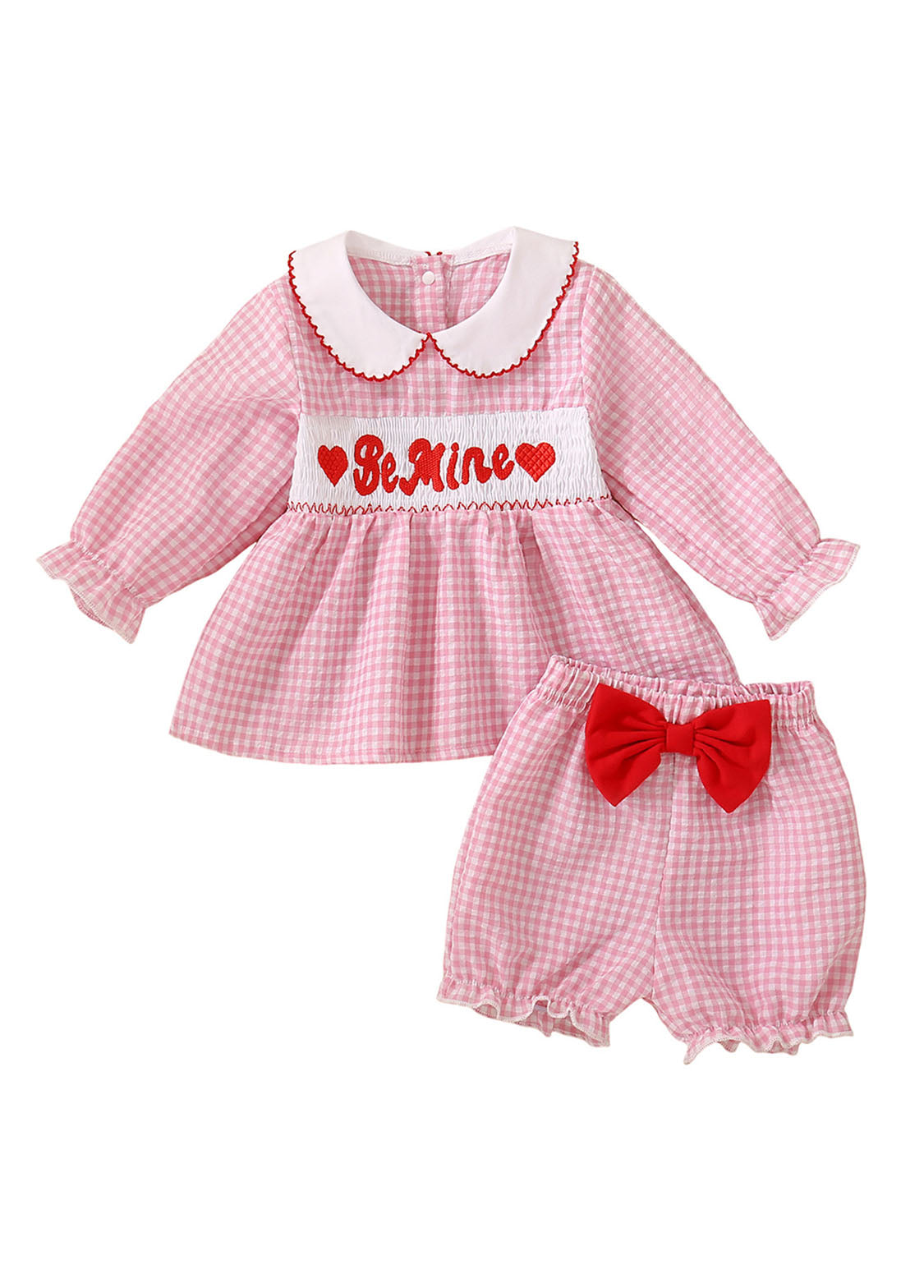 Baby Girl Pink Plaid Embroidered Long-sleeved Top And Lantern Pants Set