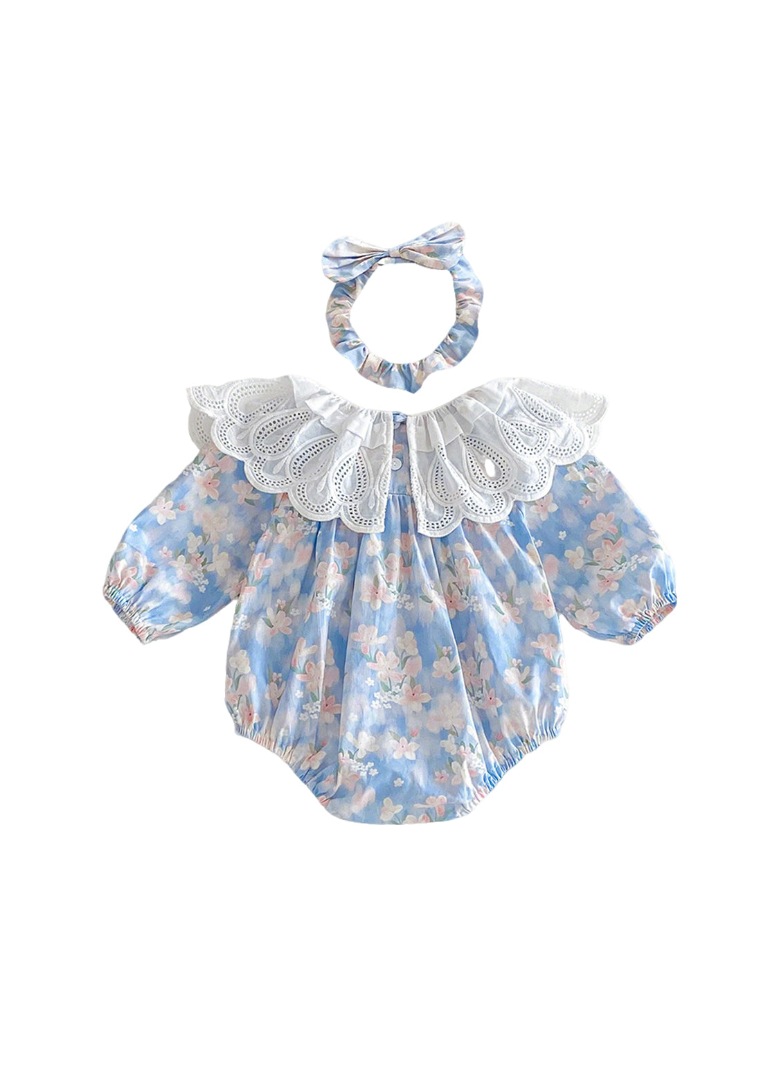 Baby Girls Retro Floral Dollar Collar Romper With Hairband
