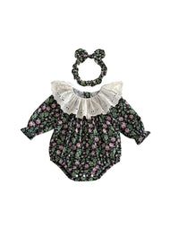 Baby Girls Retro Floral Dollar Collar Romper With Hairband
