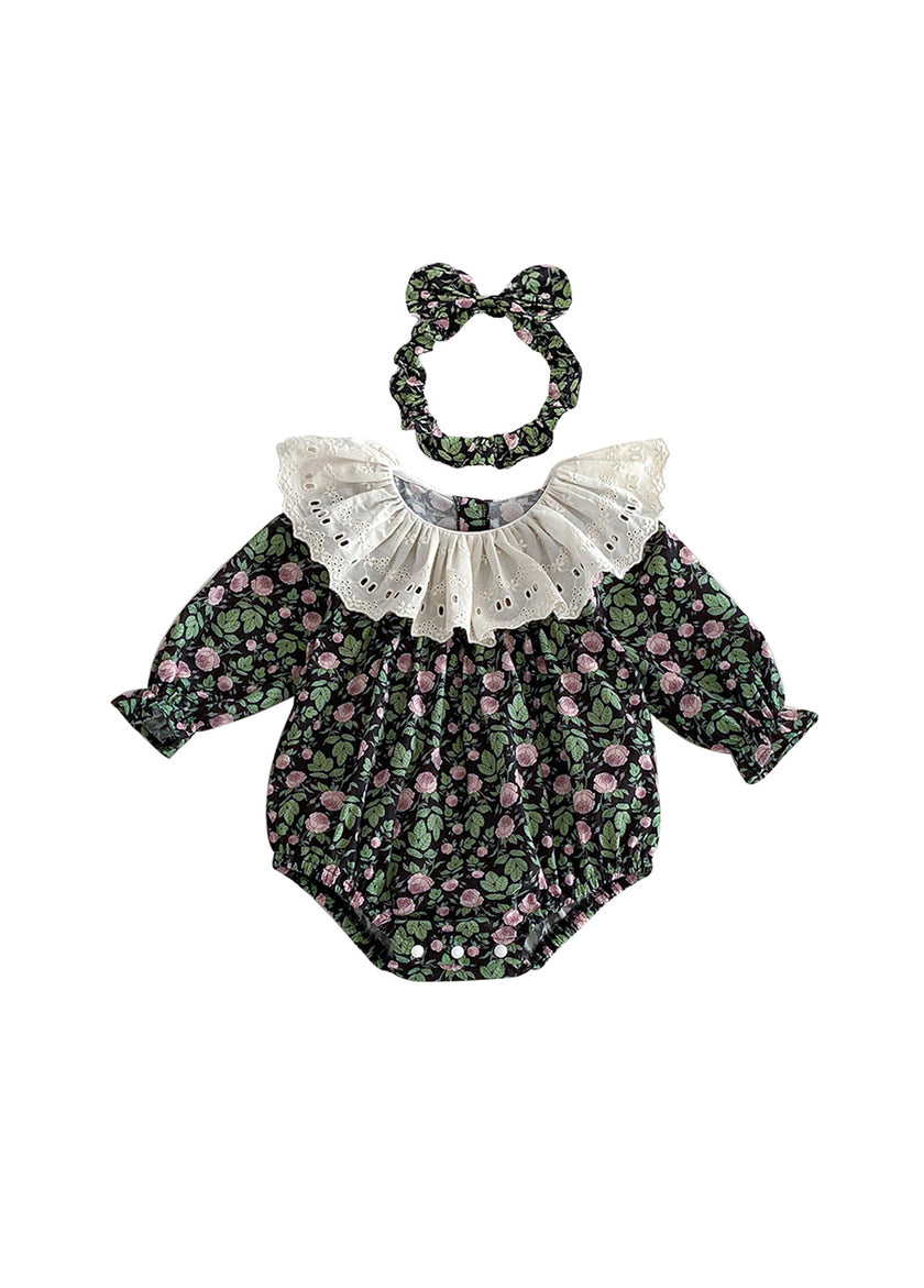 Baby Girls Retro Floral Dollar Collar Romper With Hairband