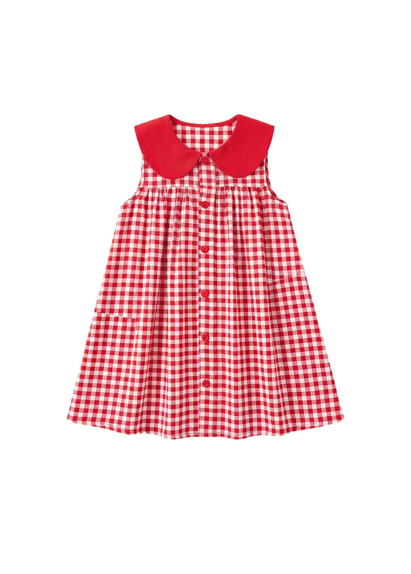 Girls Summer Gingham Plaid Dress Kids Loose Fit Red Checkered A-Line Sundress with Contrast Peter Pan Collar