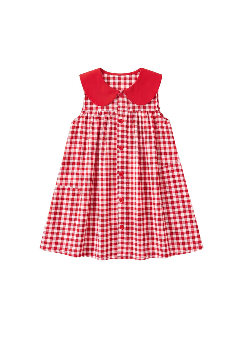 Girls Summer Gingham Plaid Dress Kids Loose Fit Red Checkered A-Line Sundress with Contrast Peter Pan Collar