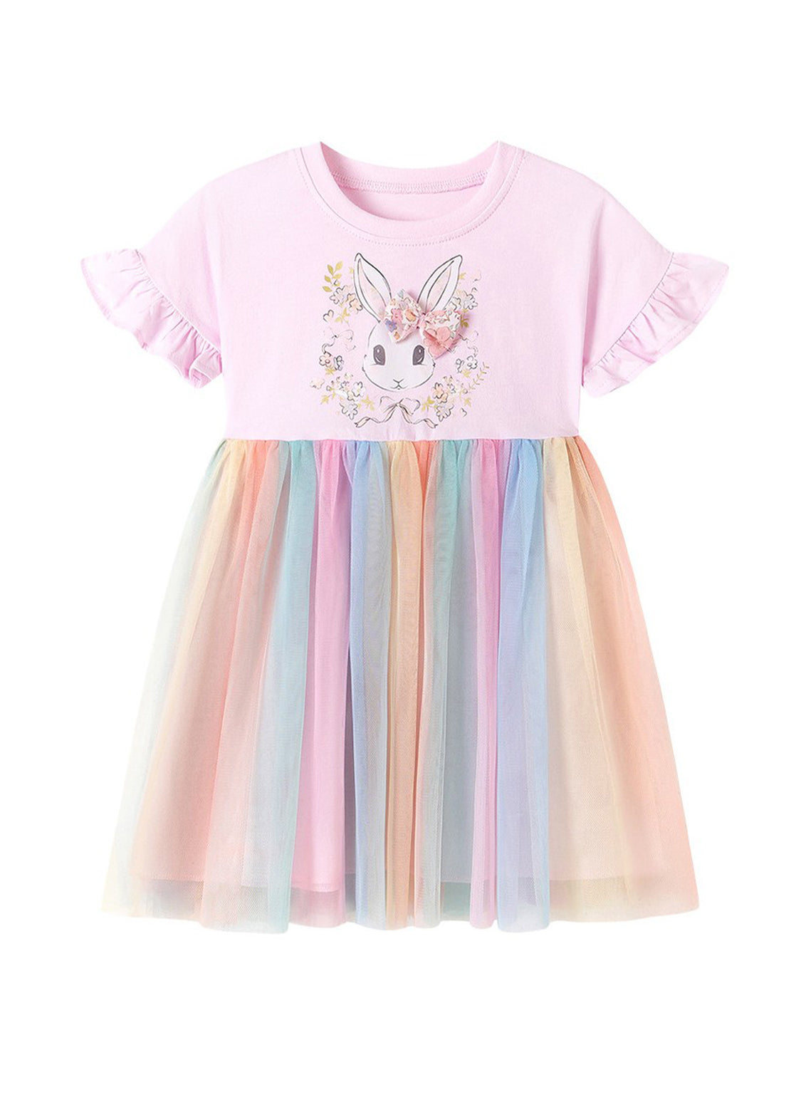 Girls Cotton Bunny Rainbow Tulle Dress