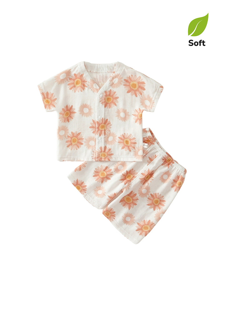 Baby Girl's Bamboo Fiber Loungewear Set — Short-Sleeve Top & Shorts (2-Piece Set) with Sunflower Print