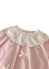 Baby Girl Cute Bow Tie Lace Trim Puff Sleeve Romper
