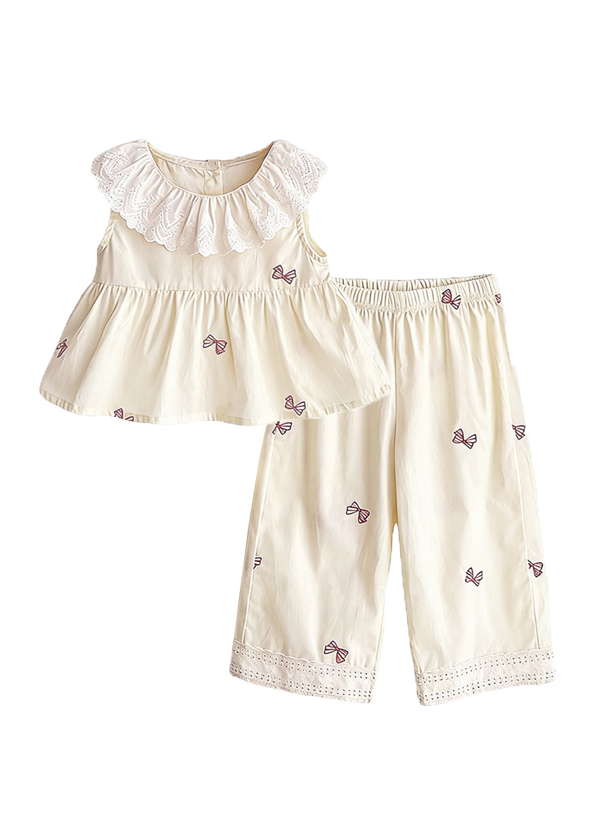 Girls Cute Bow-print Lace Dollar Collar Sleeveless Top And Pants Set
