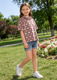 Girls Cotton Heart Print Short Sleeve Top