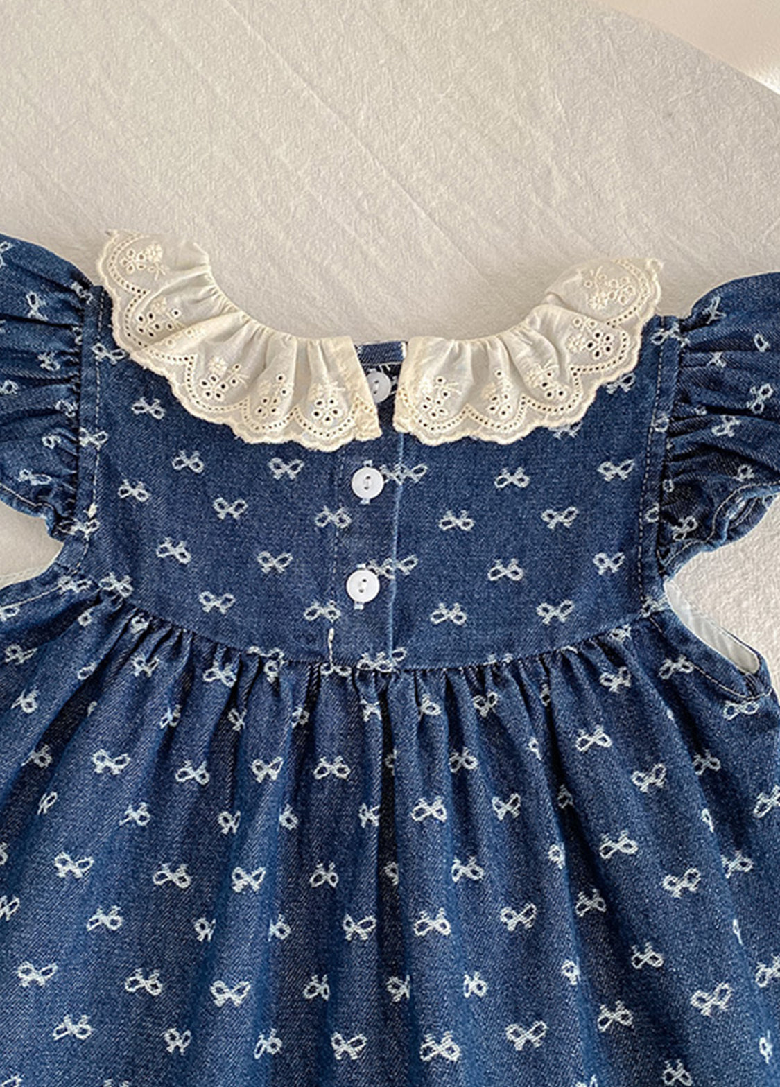 Girls Sweet Denim Bow Print Lace Dollar Collar Dress