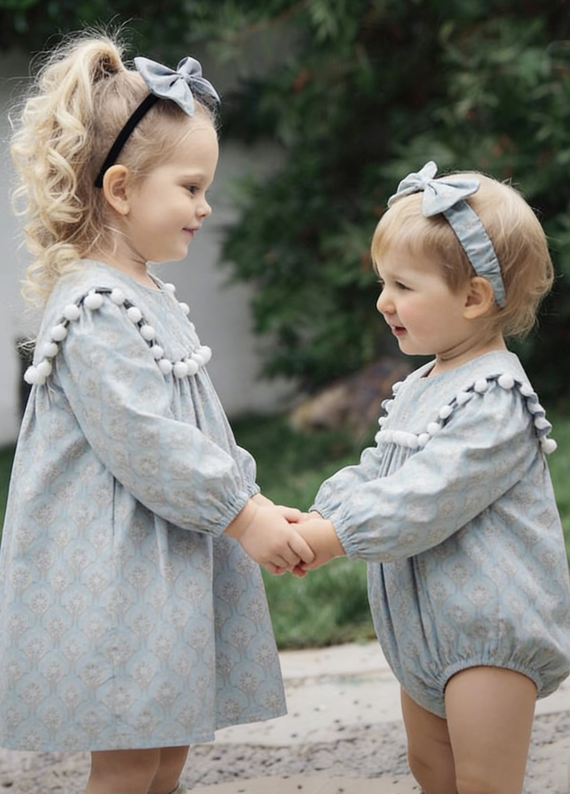 Girls Sweet Floral Pom Poms Dress With Headband
