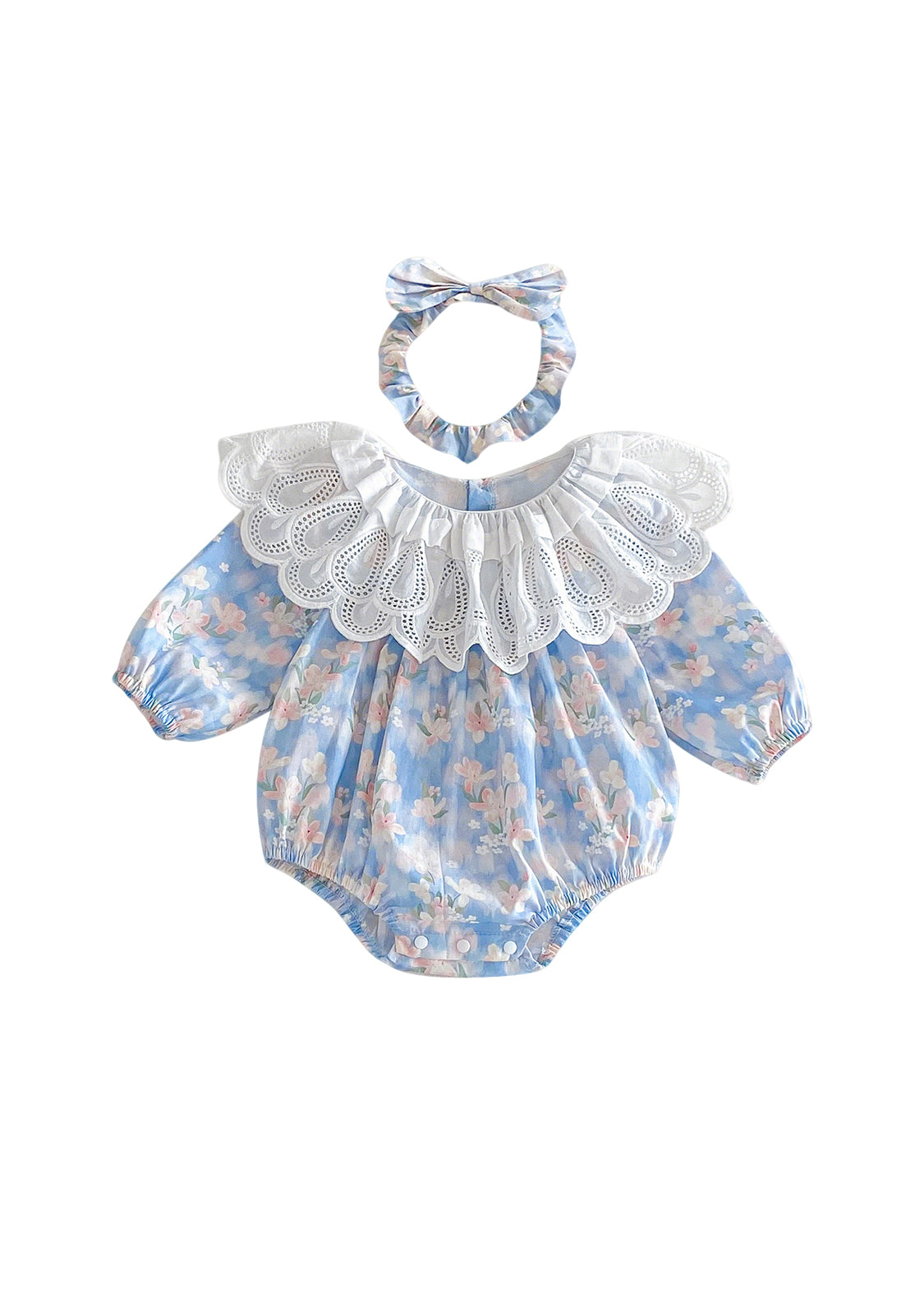 Baby Girls Retro Floral Dollar Collar Romper With Hairband