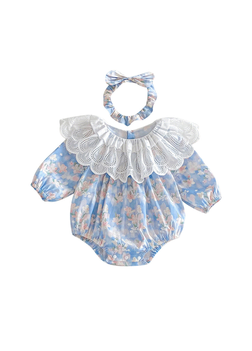 Baby Girls Retro Floral Dollar Collar Romper With Hairband