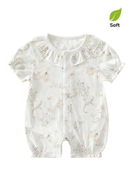 Baby Girl's Summer Bamboo Fiber Romper — Lightweight Design with Bellflower & Elf Bunny Print