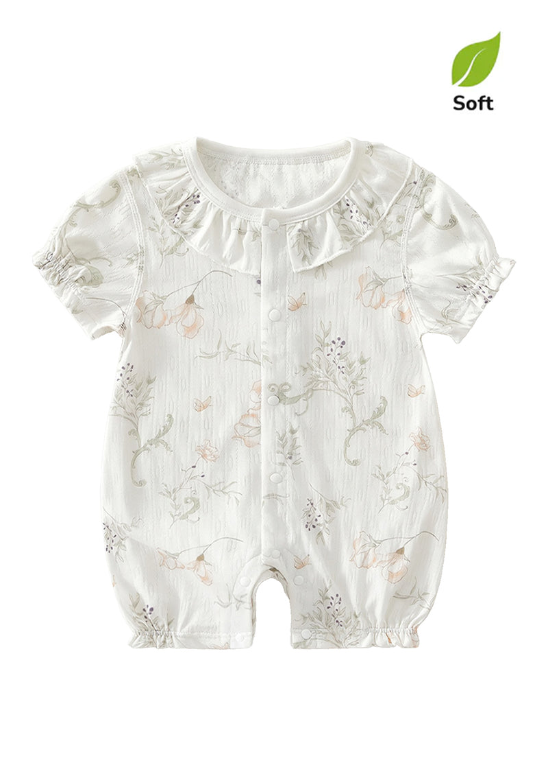 Baby Girl's Summer Bamboo Fiber Romper — Lightweight Design with Bellflower & Elf Bunny Print