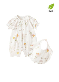 Baby Girl's Breathable Bamboo Fiber Short-Sleeve Romper (Two Styles Available; Includes Matching Bib)