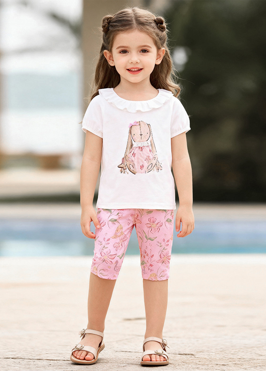 Girls Cotton Bunny Floral Two-Piece Set