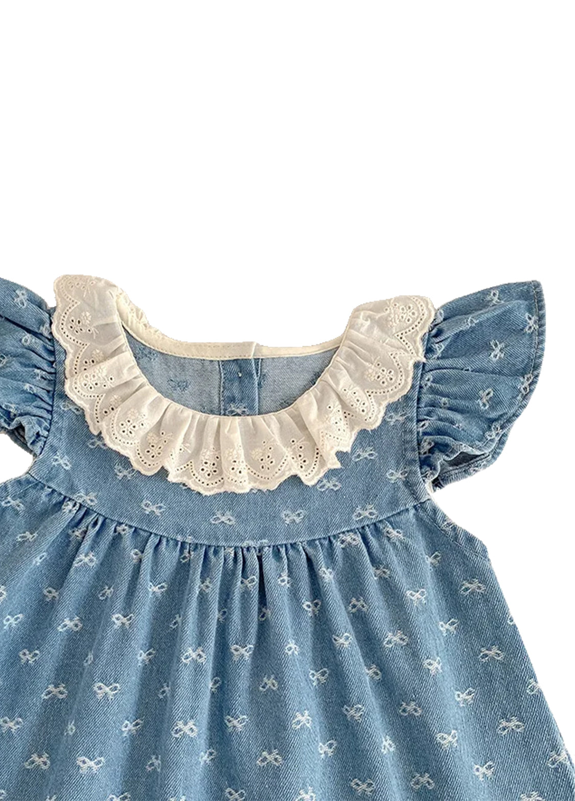 Girls Bow Print Cotton Denim Dress