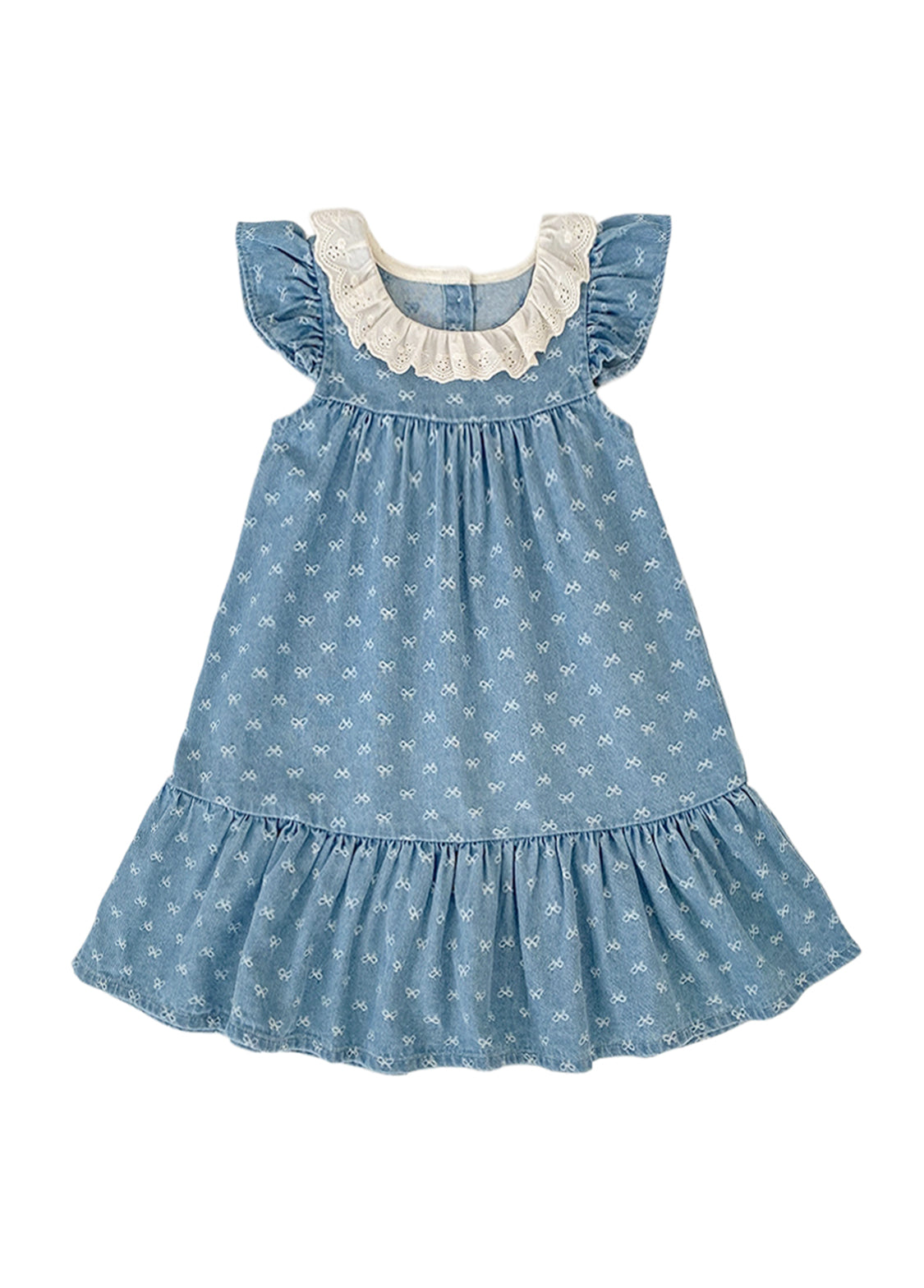 Girls Sweet Denim Bow Print Lace Dollar Collar Dress