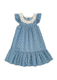 Girls Sweet Denim Bow Print Lace Dollar Collar Dress