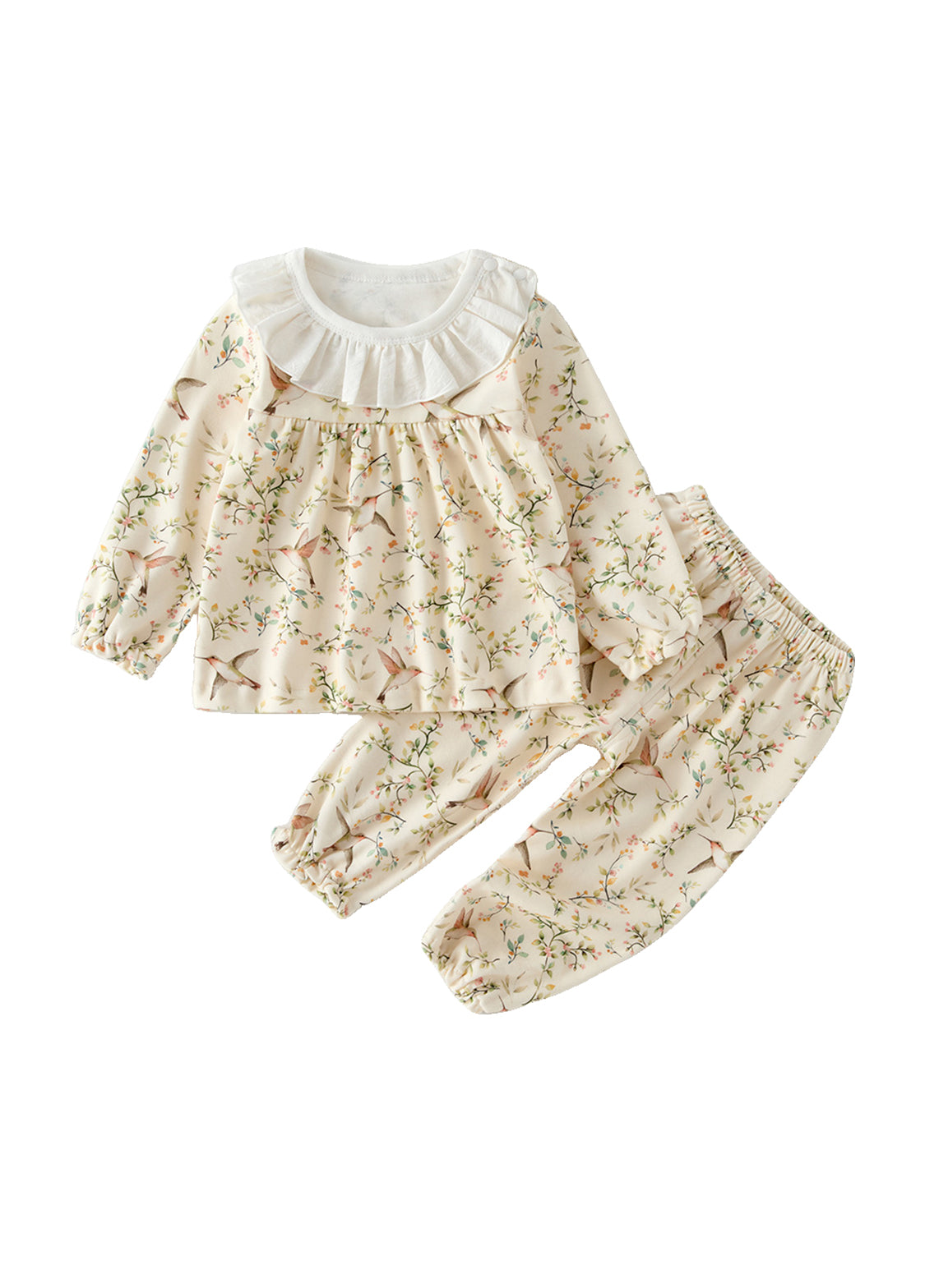 Girl Cute Soft Cotton Floral Animal Print Ruffles Long-sleeved Homewear Set