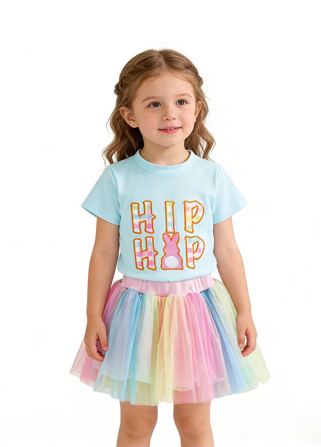 Girls Easter Bunny Embroidered Two-Piece Skirt Set