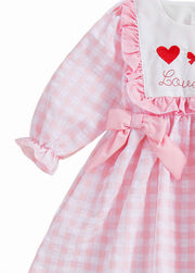 Girls Sweet Pink Plaid Heart-embroidered Ruffle Dress