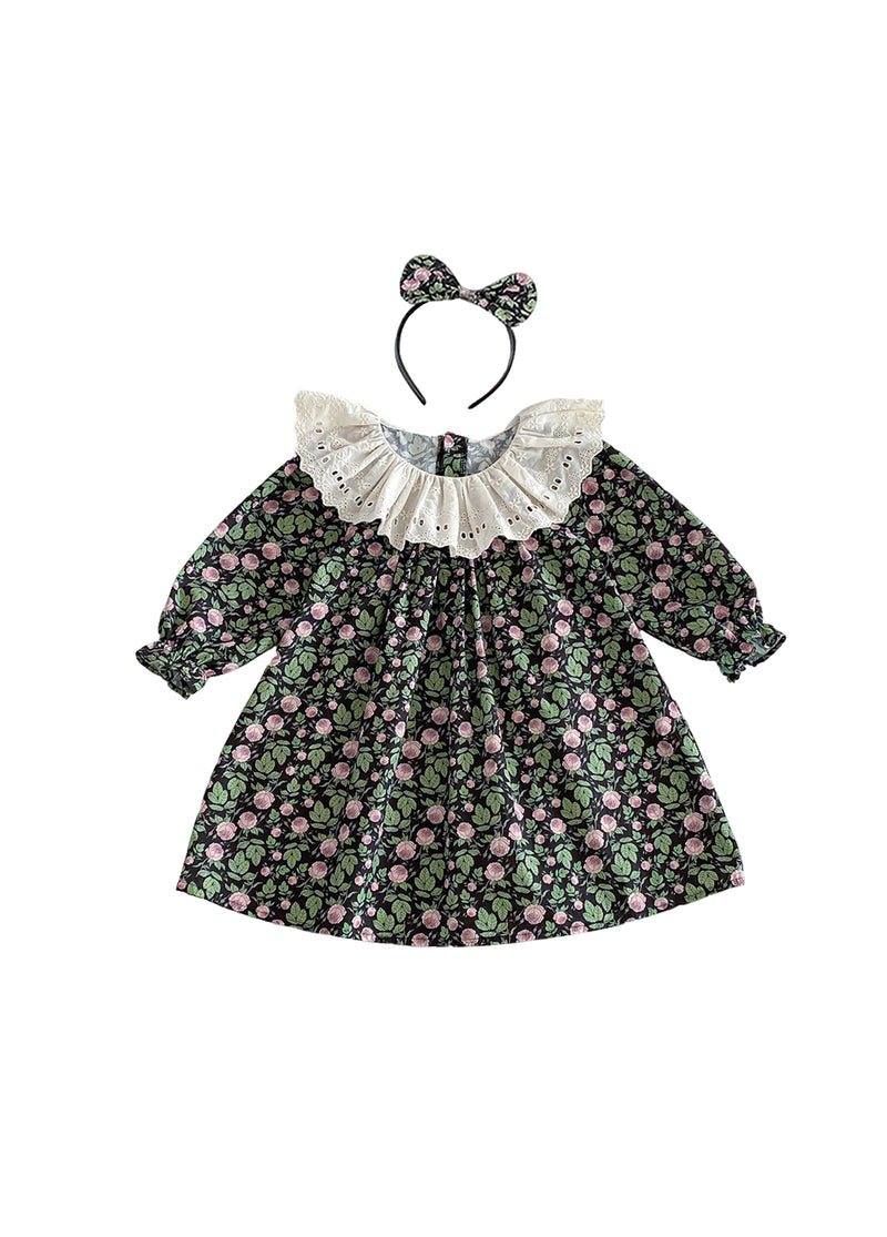 Girls Sweet Floral Dollar Collar Dress With Headband