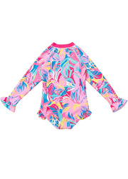Girls' Cute Pink Floral-Center Swimsuit — Quick-Drying, Long-Sleeve, One-Piece Bodysuit