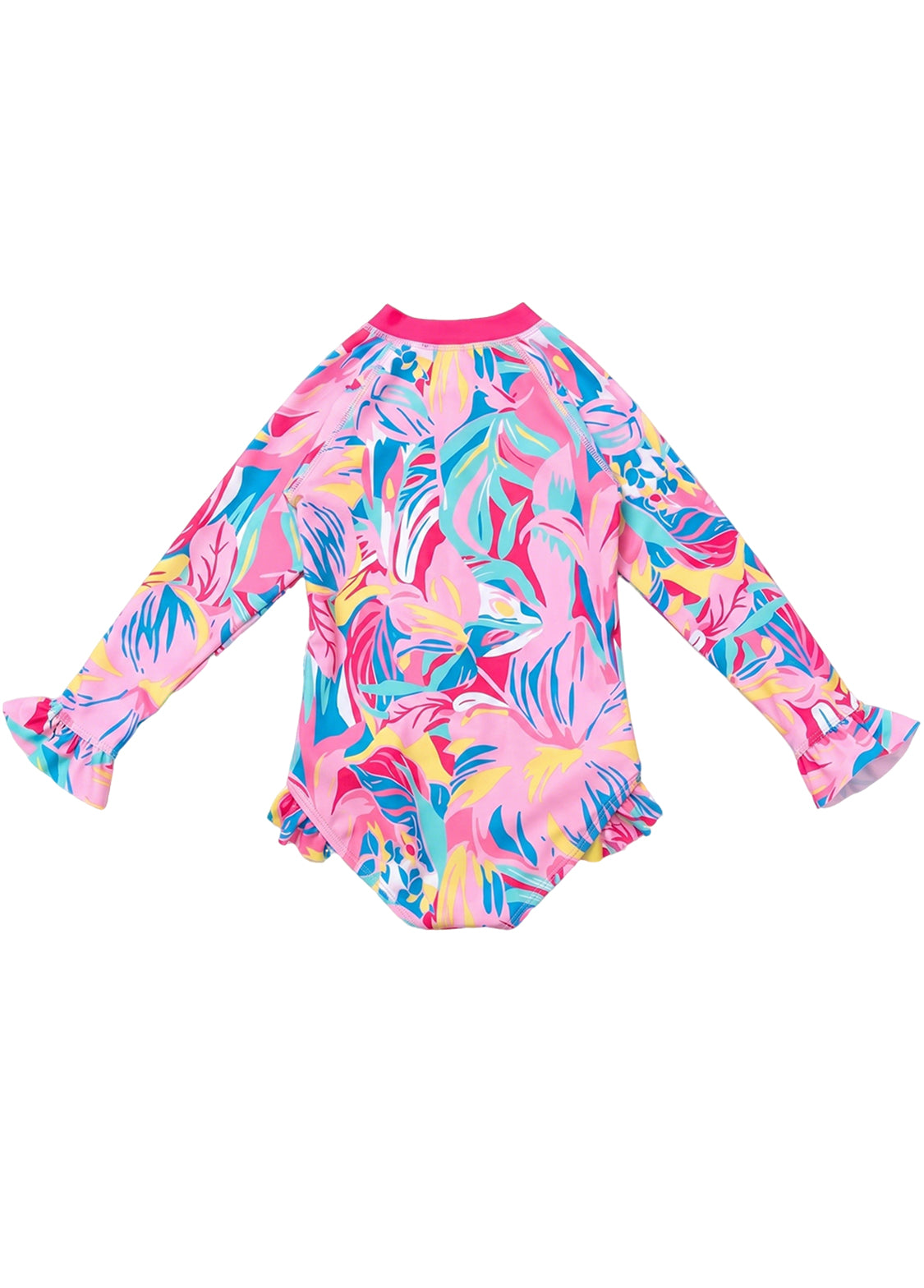 Girls' Cute Pink Floral-Center Swimsuit — Quick-Drying, Long-Sleeve, One-Piece Bodysuit