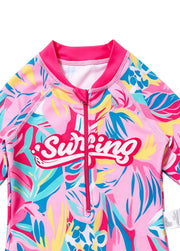 Girls' Cute Pink Floral-Center Swimsuit — Quick-Drying, Long-Sleeve, One-Piece Bodysuit