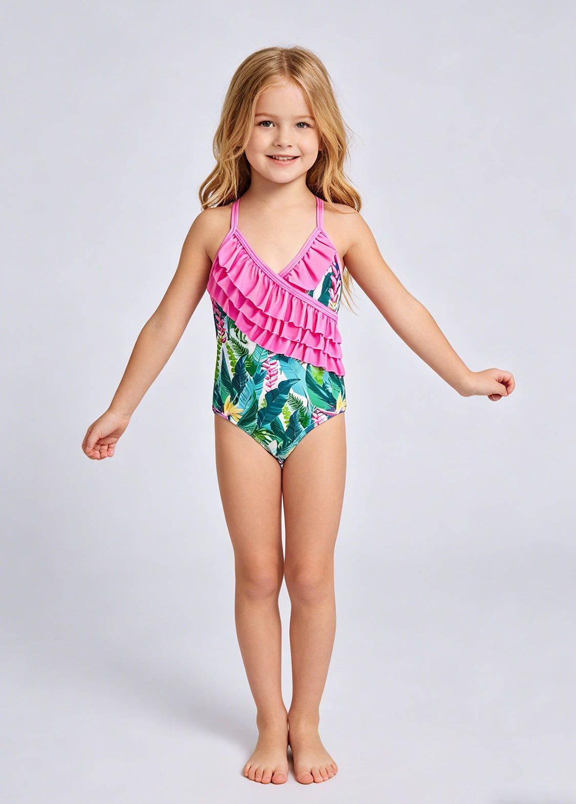 Girls' One-Piece Swimsuit: Ruffled, Leaf-Print Bathing Suit & Beachwear