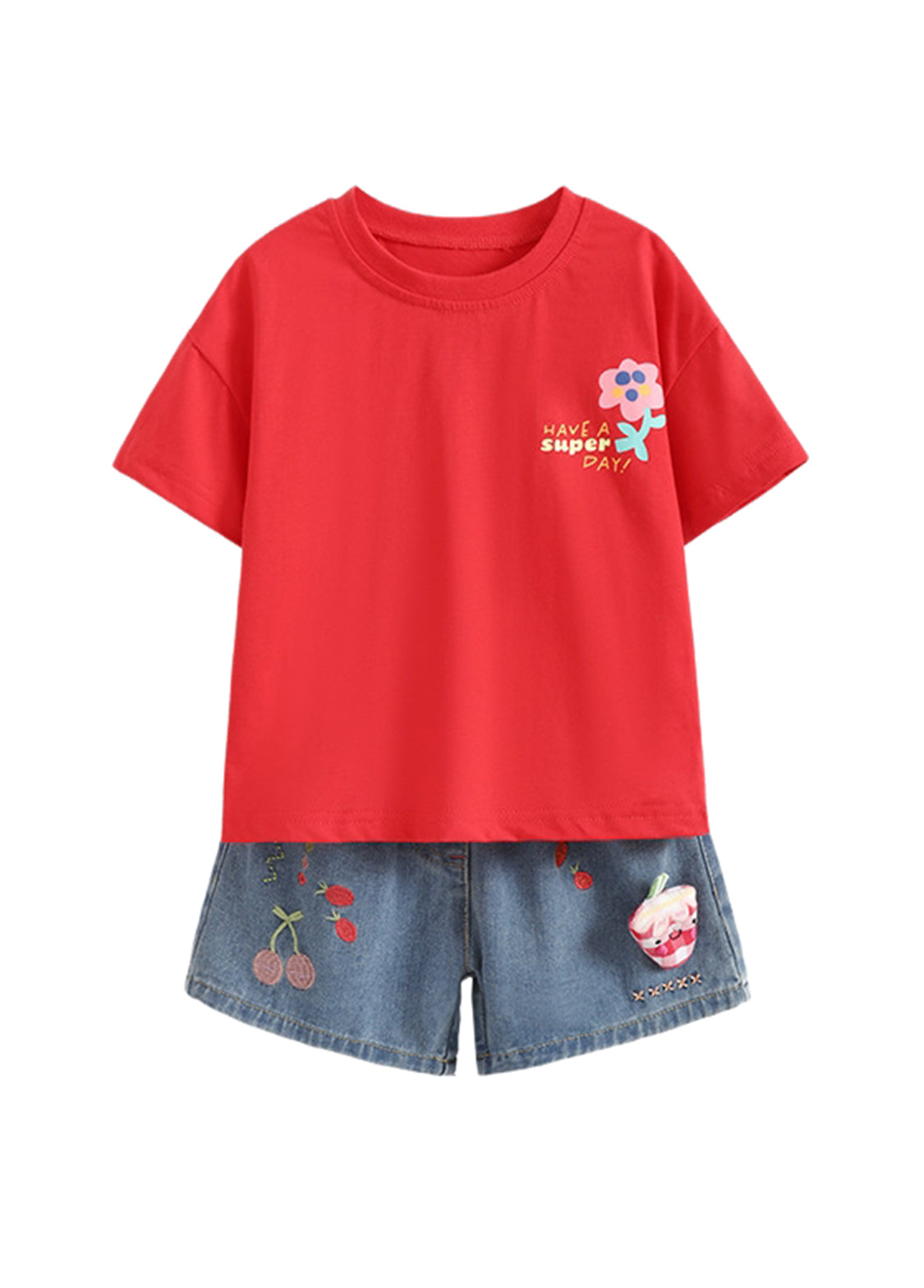 Girls Cotton T-Shirt & Denim Shorts Two-Piece Set