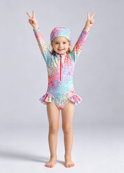 Girls' One-Piece Leopard Print Swimsuit — Long-Sleeve Sun Protection & Surf Suit for Toddlers, Featuring Colorful Ruffles