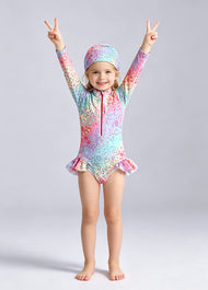 Girls' One-Piece Leopard Print Swimsuit — Long-Sleeve Sun Protection & Surf Suit for Toddlers, Featuring Colorful Ruffles